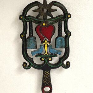 Vintage Cast Iron Trivet Hot Plate Painted Hanging Hearts Bluebirds & Star
